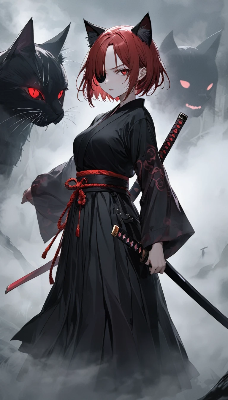 high resolution。Beautiful Face。cowboy shot。forehead。Black eyepatch。A woman in black ronin clothing。Dark Aura。Spooky atmosphere。Black long skirt。Red Short Hair。Cat ear。 A world of thick fog,。Beautiful sword。Red Eyes。Cat&#39;s Eye Woman。clothes are blowing in the wind。alone。Grin。