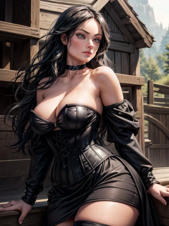 (Olivia Wilde face), Generate an illustration of a young (Yennefer of Vengerberg), of Witcher 3, hair combed to sides, layered haircut, de terno preto, long hair flows to her back, hair flows straight down, black hair, Ultrarealistic Violet eyes, both eyes are similar, (round breasts), deep cleavage, Ultrarealistic juicy round butt, thick thighs, black Corset outfit in anime format with a serious style, ((black strapless dress)), Ruby black velvet choker, grey tights, black boots, gothic make up, masterpiece, puffy lips,slendered toned abs, beautiful detailed face, beautiful detailed eyes, beautiful detailed lips, super detailed breasts, super detailed nipples, open horse stable, pile of hay, farm