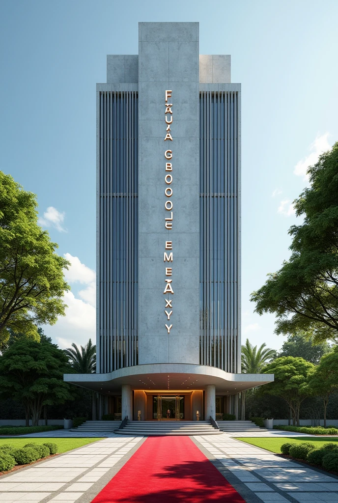 A wonderful and luxurious building, it's on it's own with large compound with trees and Grass with corporate Singaporean architecture and the words Nexus Global Embassy fully exposed on the building separate concrete with red carpet on the entrance with a good full view and angle .Expose the words Nexus Global Embassy on the concrete fully I can't see the words and the spelling is wrong