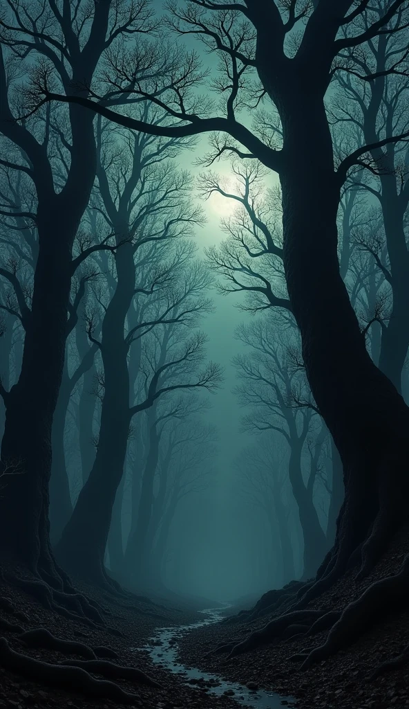Create a scene of a dense, dark forest at night. The moon is barely visible through the thick canopy of twisted branches above. The ground is covered in fallen leaves, and the atmosphere feels eerie and foreboding. The trees are tall and imposing, their branches stretching out like skeletal arms. In the background, faint shadows move slightly, hinting at something unseen in the darkness. The air is filled with a sense of quiet tension, and a light mist swirls around the base of the trees.