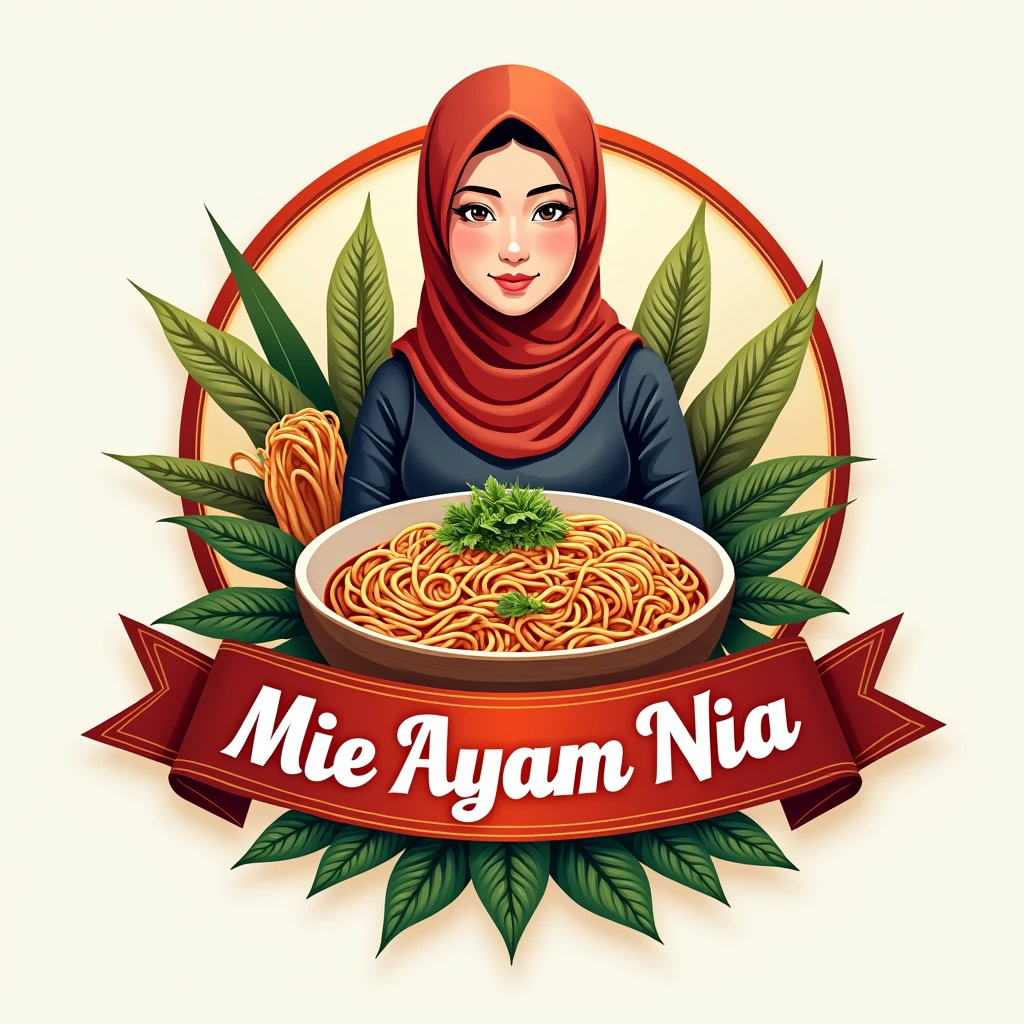 a logo with a picture of "mie ayam Nia" with the correct spelling on the ribbon, with a symbol of a woman wearing a hijab inspired behind it there is a noodle dish and a cart, with the right color composition, very detailed, 4d