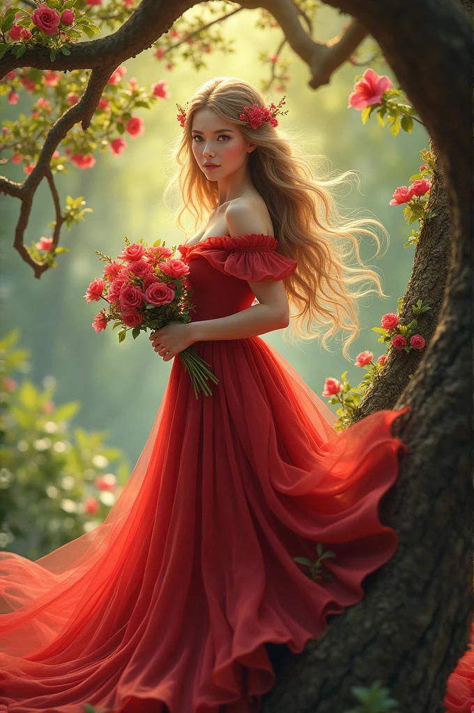 A Princess wear long red dress,bright skin, beautiful eyes,long hair flying, in hand some flowers, on hair some flowers, under a big tree around some flower trees