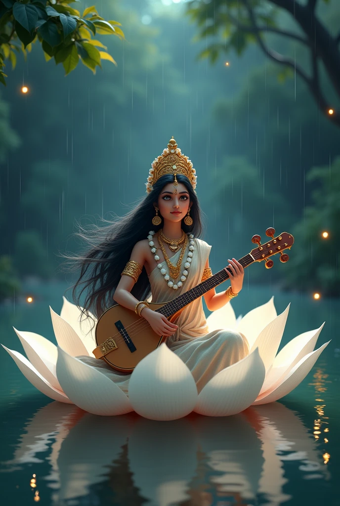 Cool cinematic animated character art, Silhouette of indian godess Saraswati sitting on a giant white lotus in a pond, multiple arms, playing musical instrument-'veena' , wearing indian golden crown, saree, white flower garlands, luscious hair flowing in air, calm expression, glowing fireflies in air, rainy storm, cinematic lighting, darkness in atmosphere, tree leaves floating, colour graded, vibrant, 4khd