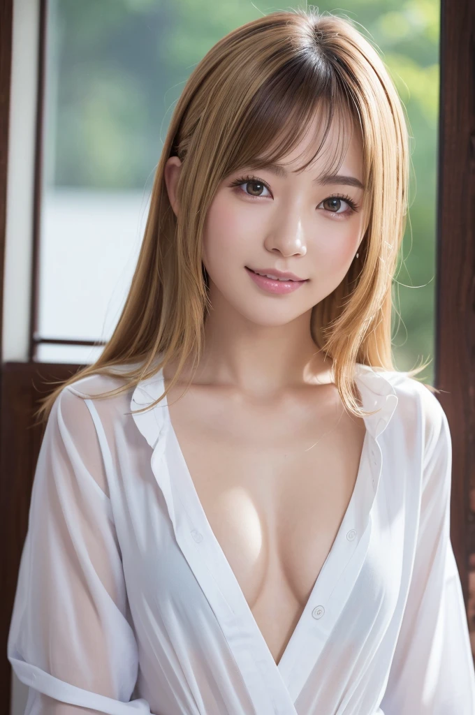 (best quality, 4K, 8k, highres, masterpiece:1.2), ultra-detailed, (realistic, photorealistic, photo-realistic:1.37), hyper detailed, extremely detailed, intricate details, sharp focus, physically-based rendering, professional, vivid colors, studio lighting、Japanese High School Girl、coy smile、Natural Makeup、(blond)、middlehair、Inward curl、White shirt、Open shirt、Emphasize cleavage、side boob、under boob、flat breasts、Thick upper lip