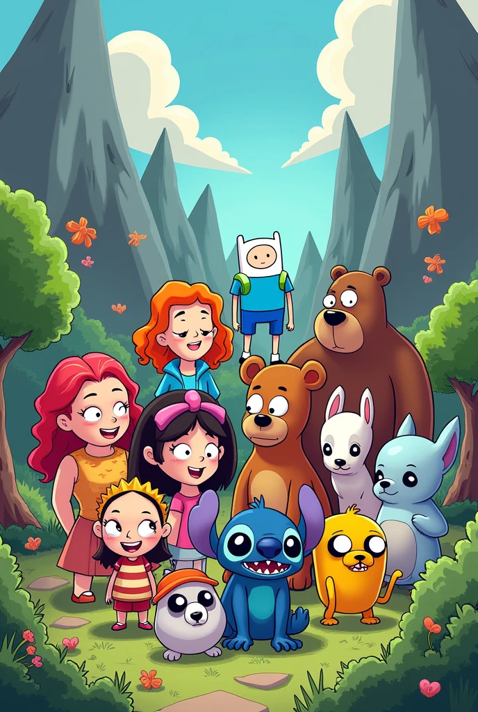 create a drawing of cartoon characters from phineas and ferb, candace flynn, perry the platypus, dr. doofenshmirtz, adventure time characters (flynn the human, jake the dog, princess bubblegum, marceline the vampire queen, shnitzel and chowder, we bare bears (panda, grizz and ice bear), gravity falls characters (dipper pines, mabel pines, grunkle stan) shaun the sheep, lilo and stitch, and with totally spies characters (alex, sam, clover), garu and pucca
