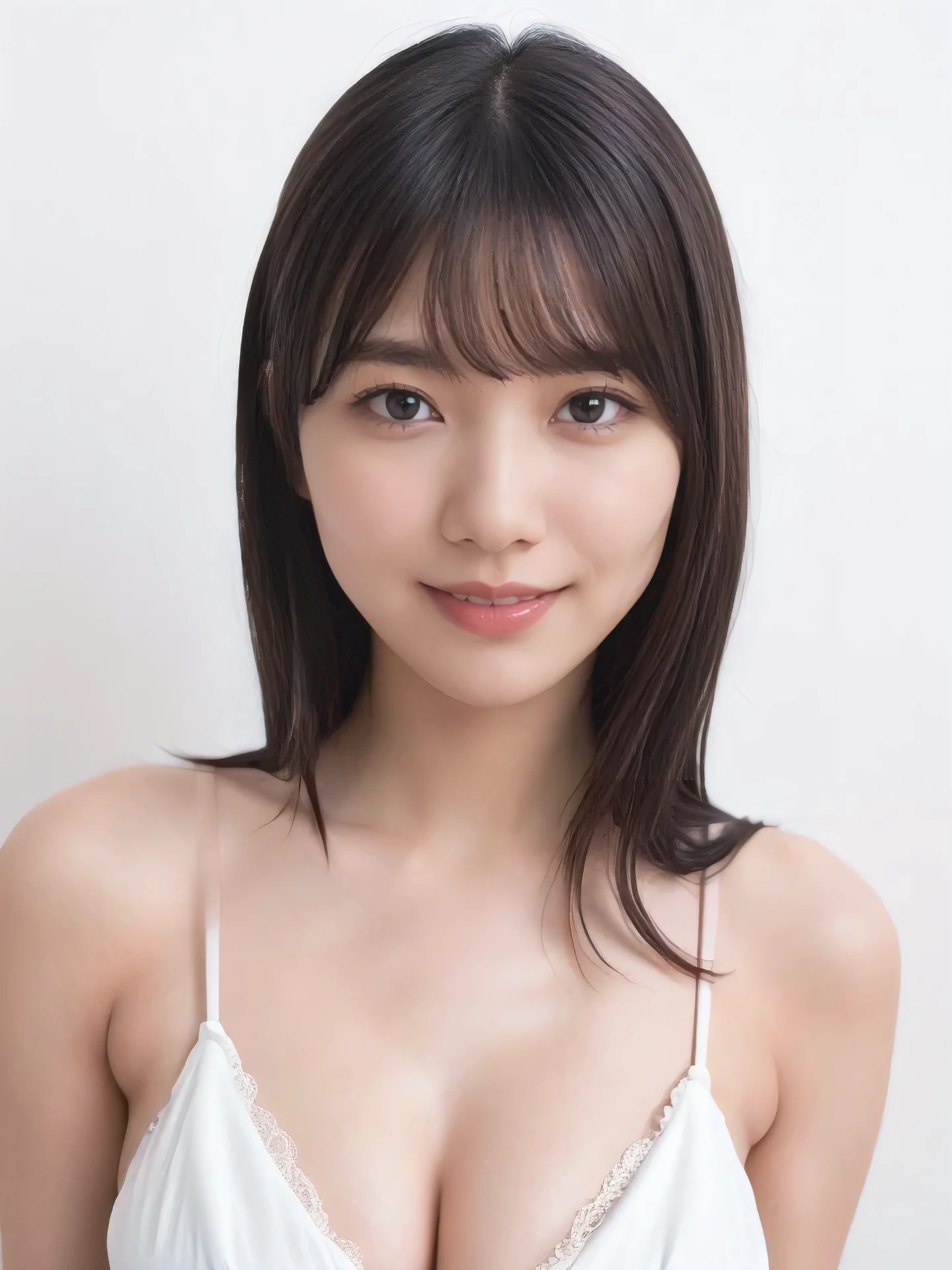 1girl, 25years old woman, cute face, Small breasts, medium breasts, large breasts, beautiful face, (perfectly detailed face), ((looking at viewer)), Simple Background, ((white background)), ((white wallpaper)), White skin, (bright lighting:1.2), perfect lighting, light smile, photorealistic, (bokeh), UHD, anatomically correct, highres