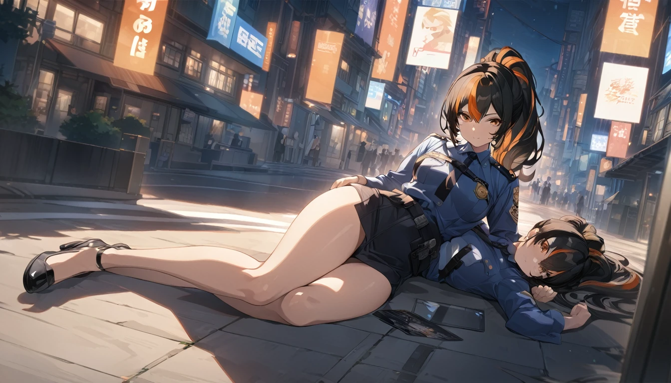 masterpiece，high resolution，Anime Art，Anime Numbers， 4k anime wallpaper，Soft Light，Radiant Skin，Looking at the camera，Solitary，An anime girl，Lying on the street，Black high ponytail，Striped hair，Orange Eyes，Slim police uniform，Modern city night view，Full body view