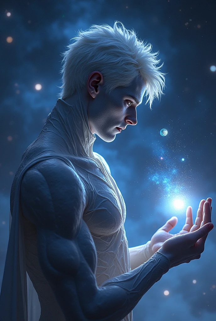 8k, best quality, masterpiece, 1boy, man made of space, celestial being, looking at galaxy in palm, pose, glowing eyes, in space, skin made of space, white hair,