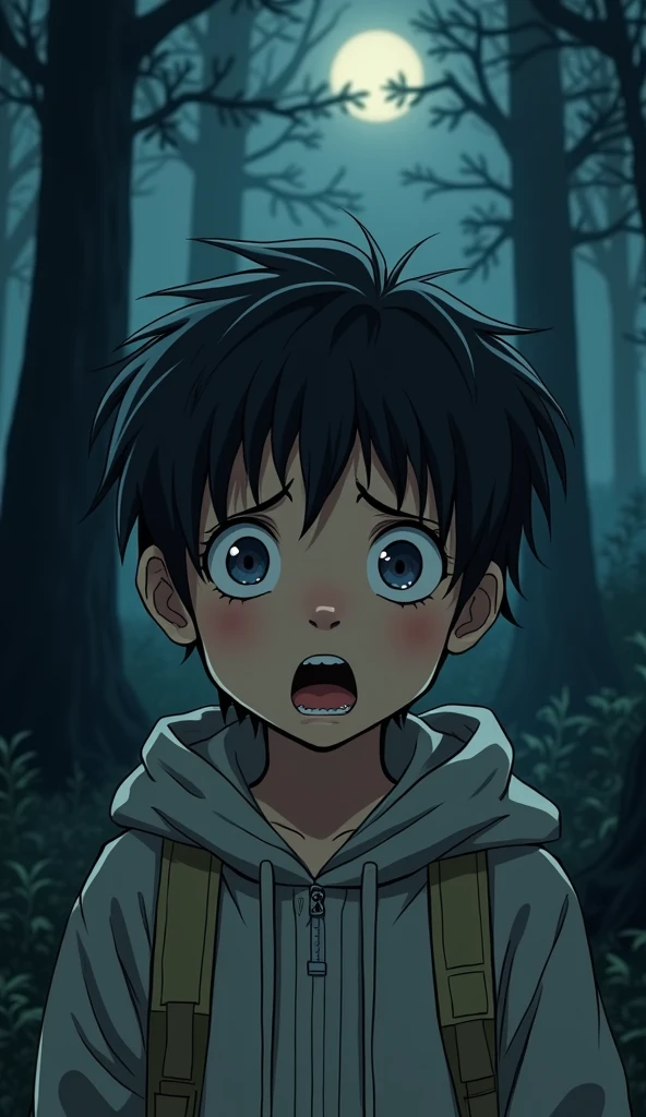 Illustrate a close-up of a young child standing in the dark forest, looking around with a frightened expression. The child is about 8-, wearing a light-colored jacket, with wide eyes and mouth slightly open in fear. The background shows dark, looming trees and a hint of movement behind them, like a shadow or figure moving quickly out of sight. The child's hair is tousled, and there is a faint glow of moonlight on their face, highlighting their anxious features.