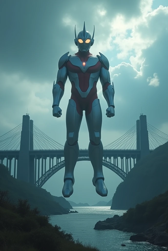 a dramatic scene of the iconic highway Penang oresund bridge, viewed from the road, with ultraman hovering over the structure, (best quality,4k,8k,highres,masterpiece:1.2),ultra-detailed,(realistic,photorealistic,photo-realistic:1.37),dramatic lighting,cinematic composition,epic scale,mist,dramatic sky,azure water,dramatic clouds,detailed architecture,metallic bridge,ultraman flying,ultraman floating,ultraman silhouette,ultraman pose,ultraman details,ultraman energy,ultraman power