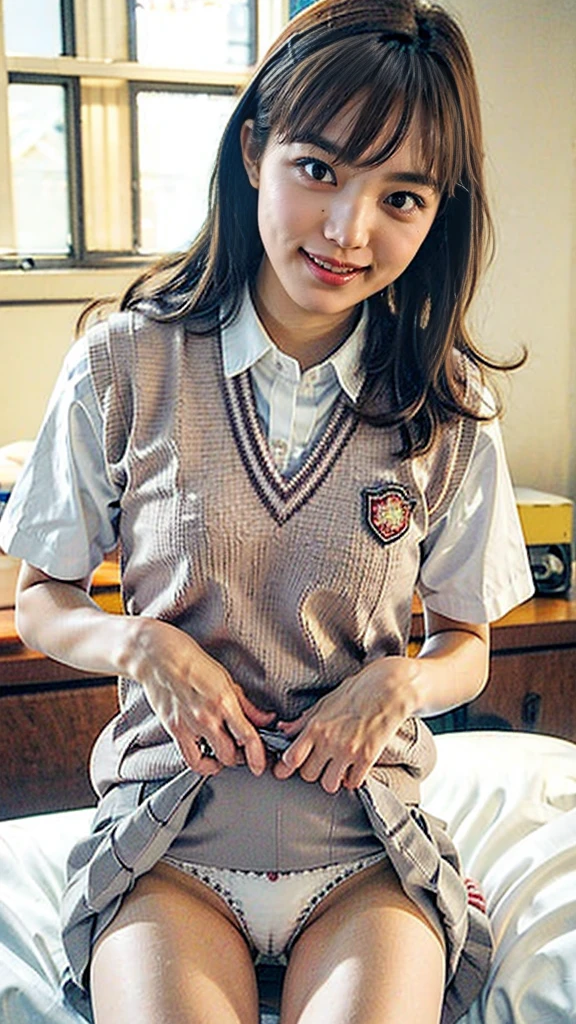 masterpiece, Highest quality, High resolution,8k， 1 hair clip, Tokiwadai School Uniform 、Tokiwadai school emblem on the left chest、Photorealistic,bedroom、Lying in bed、smile、Roll up your skirt to show your underwear、Pure white panties、Grey Skirt