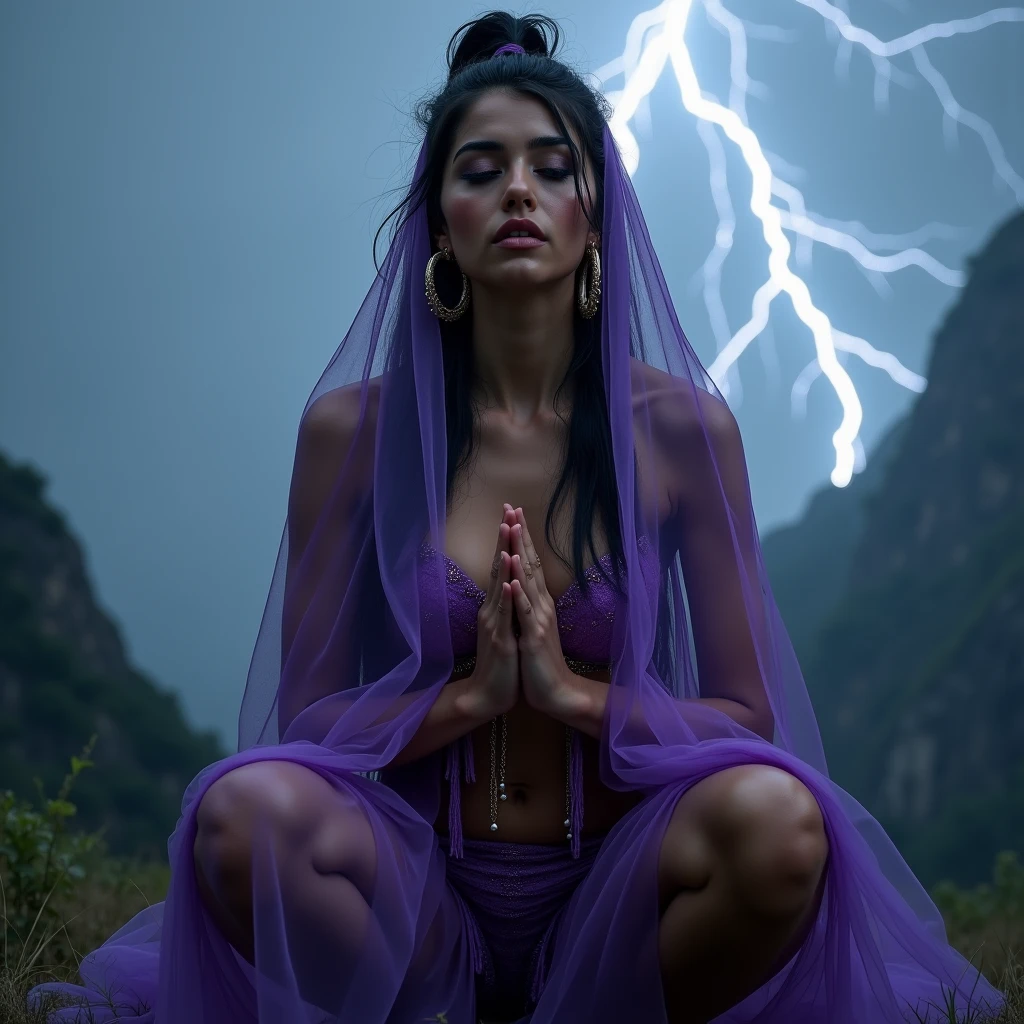 1 extremely gorgeous and suductive nubile Colombian sorceress is busy praying with mindless stare, and she's covered from the shoulder down by a purple gossamer body veil while wearing a Jezebel in the bible harem bikini regalia, and doing extreme squatting, 3:4 full frontal body portrait, ((merge and use young faces of Alice Eve and Rila Fukushima into best 50/50 blend)), (eyes wide open, wide open eyes, blank stare, best detailed face, best lifelike face, best lifelike nose and eyes), Grecian upstyle hairstyle with high standing ponytail, pucker lips, pale snowy colored skin, huge hoop earrings, bodacious, playboy playmate archetype, perfect bikini body, (((massive breasts))), sweaty, show cameltoe, show underboobs, mindless facial expression, deeply hypnotized facial expression, deeply entranced facial expression, ((primeval backdrop with Intense lightning strikes and severe thunderstorms towering over misty mountains)), (RAW Photo, 12K, best quality, best masterpiece, hires, best realism, best photorealism, vivid colors and natural outdoor lighting)