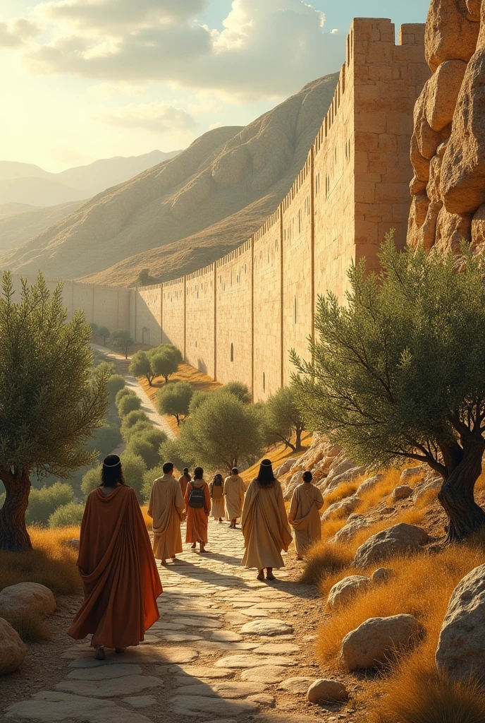 Jewish pilgrims, men and women, dressed in tunics and cloaks, They walk or camp among olive trees on the side of a mountain and in front of them there is a long wall of large ochre-white stones., It&#39;s a beautiful sunny day