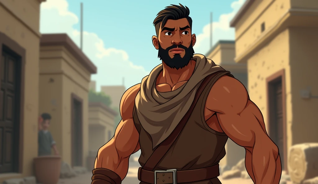 Animated image of a young poor Muslim man with a strong and muscular body
