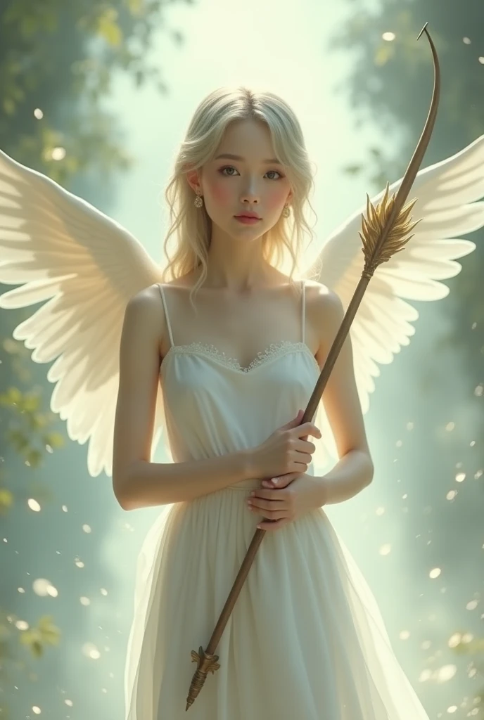 pretty face petite girl in white dress, with wings, holding a huge arrow in hands, glows in the background