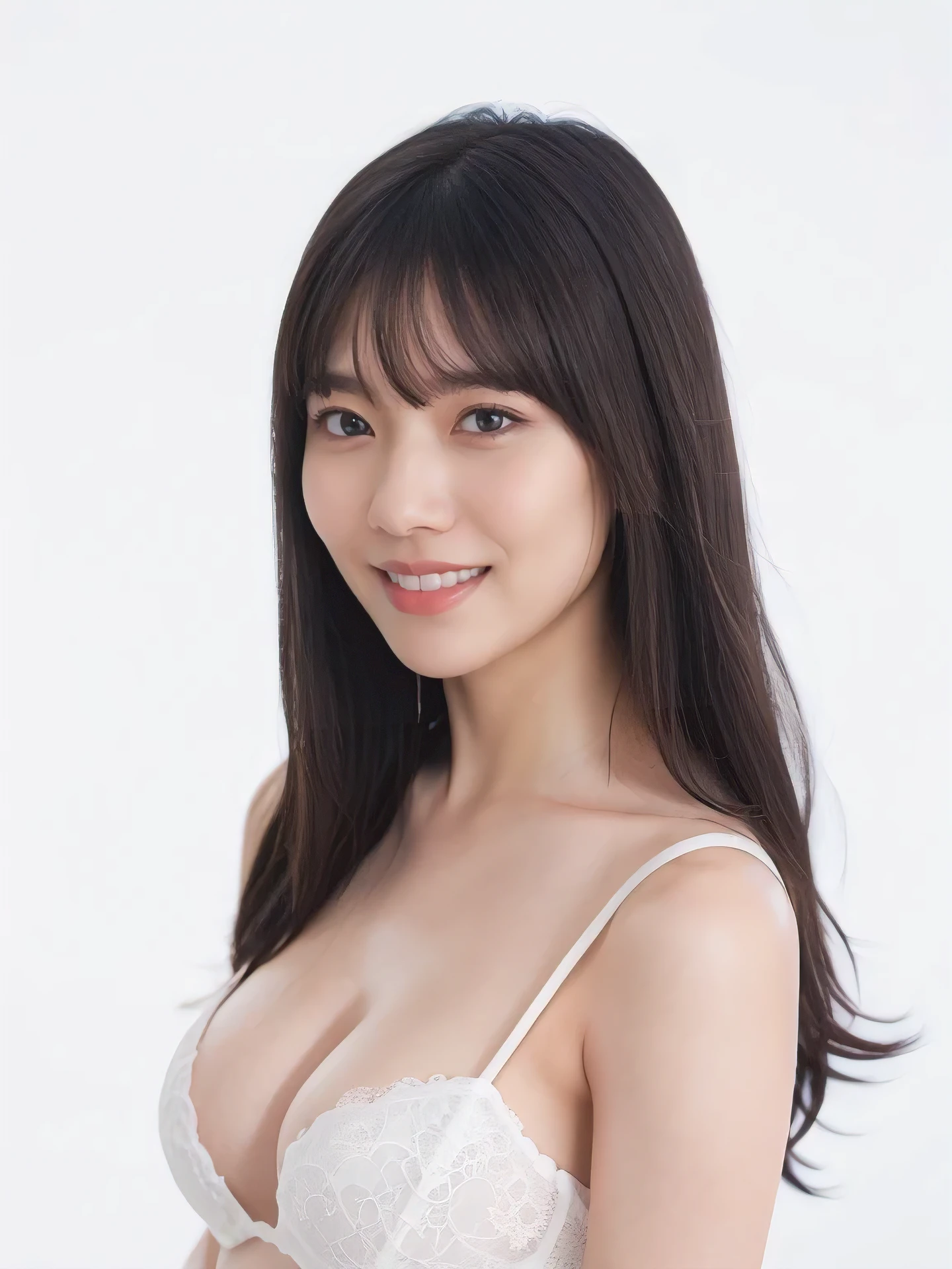 1girl, 25years old woman, cute face, Small breasts, medium breasts, large breasts, beautiful face, (perfectly detailed face), ((looking at viewer)), Simple Background, ((white background)), ((white wallpaper)), White skin, (bright lighting:1.2), perfect lighting, light smile, photorealistic, (bokeh), UHD, anatomically correct, highres