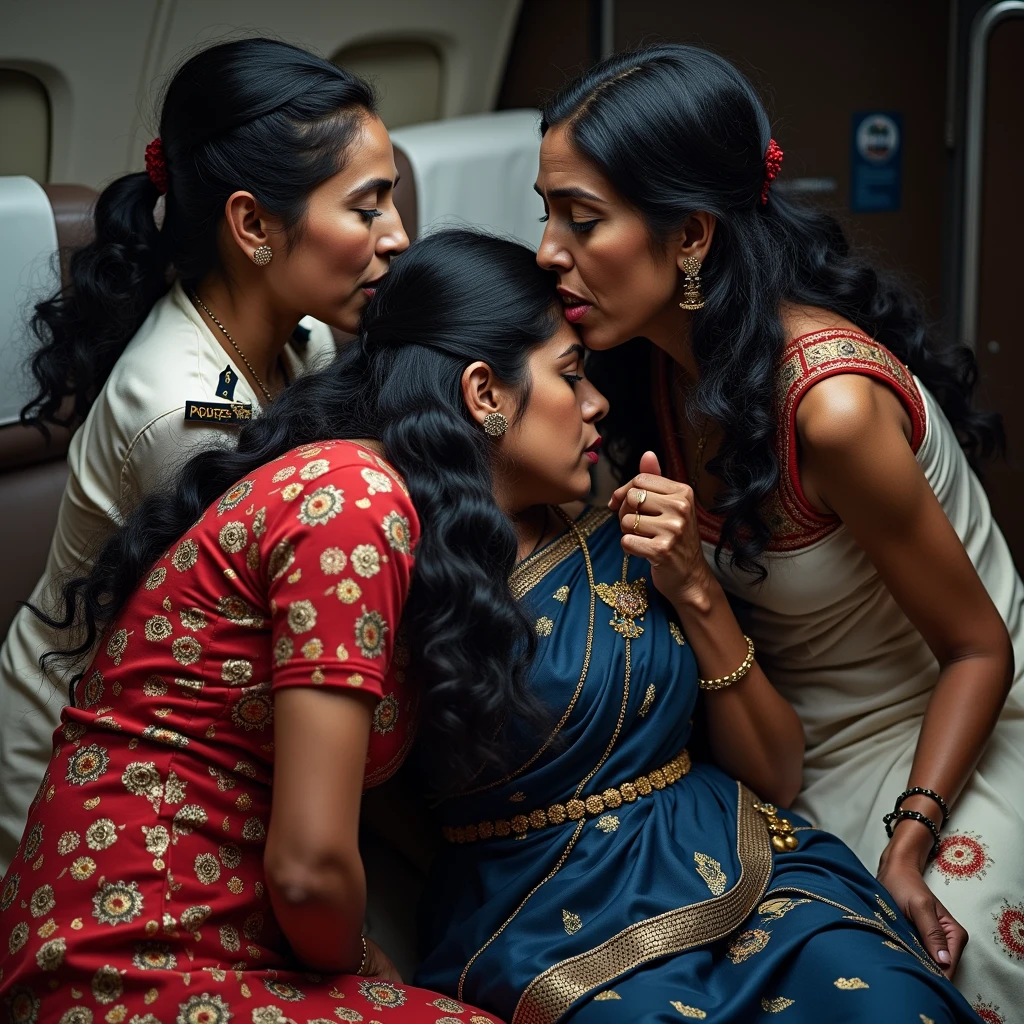 In a unique in-flight scene, three 70-year-old Indian women make a striking impression. They are dressed in distinctive uniforms: one in a white pilot's outfit, another in a red flight attendant uniform, and the third in a traditional blue saree. Each woman’s natural, tailbone-length curls are slicked through with a substantial amount of hair oil—about a liter per person—creating a glossy, reflective sheen. The oil-drenched hair cascades elegantly down their backs, allowing for a clear view of the meticulously styled partings and the smooth lines of their scalps. The glossy texture of the hair accentuates the clean, polished look of their elaborate hairstyles. In this serene moment, while all other passengers are sleeping, the three women are positioned one on top of the other, wildy sharing kisses in tongues out, This unusual and dramatic portrayal highlights the extreme use of hair oil, showcasing its impact on their opulent and meticulously crafted looks amidst the quiet of the cabin.