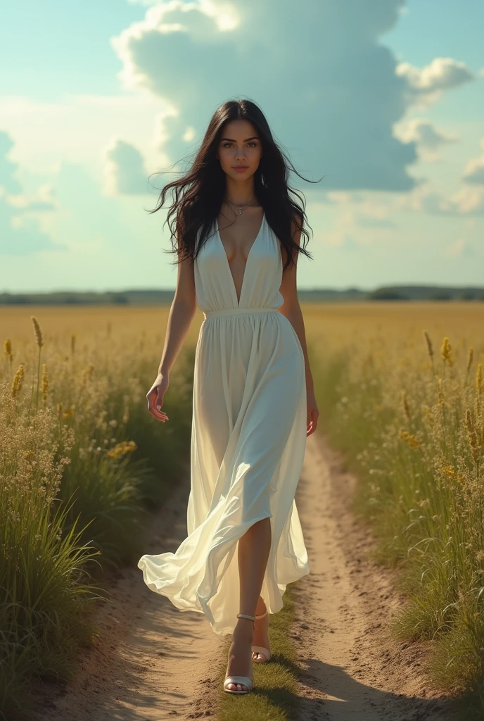 detailed portrait of a young woman in her 20s walking on a dirt path in a field, long black hair, wearing a long white dress and high heels, looking directly at the viewer, with beautiful detailed eyes and face, dramatic cinematic lighting, surreal, hyperrealistic, photorealistic, best quality, 8k, extremely detailed, vivid colors, cinematic lighting, summer landscape with distant ulonimbus clouds
