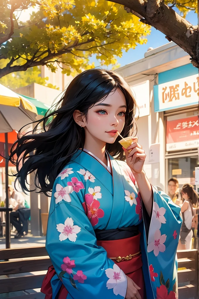 anime style, super fine illustration, highly detailed, dynamic angle, beautiful detailed, 8k, On a summer afternoon under the blazing sun in a city street, BREAK a Bust-up of a beautiful black-haired woman in a kimono smiling is enjoying a cold gelato. BREAK Her skin shimmers in the sunlight, making her stand out in the vibrant and joyful scene.