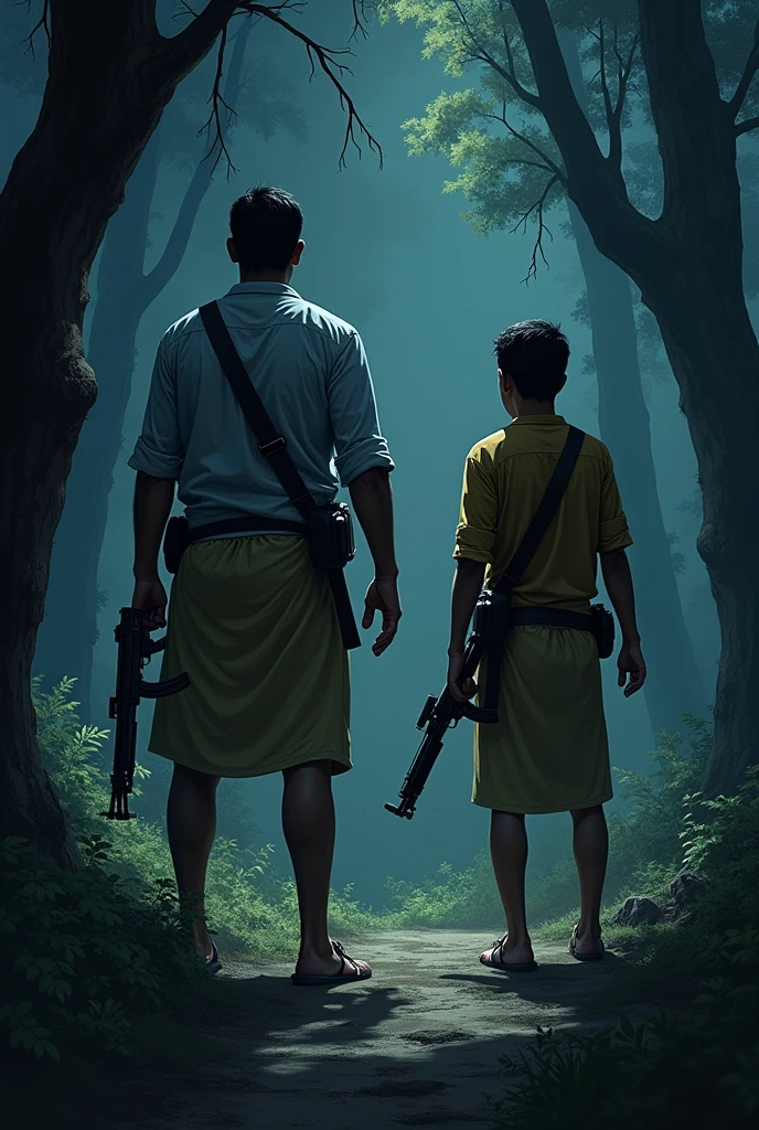 A forest with two persons at night one man holding a gun and both of them are focusing to shoot something.both of them wore a lungi and an casual shirts . One person in fat and tall the other one is lean and short
