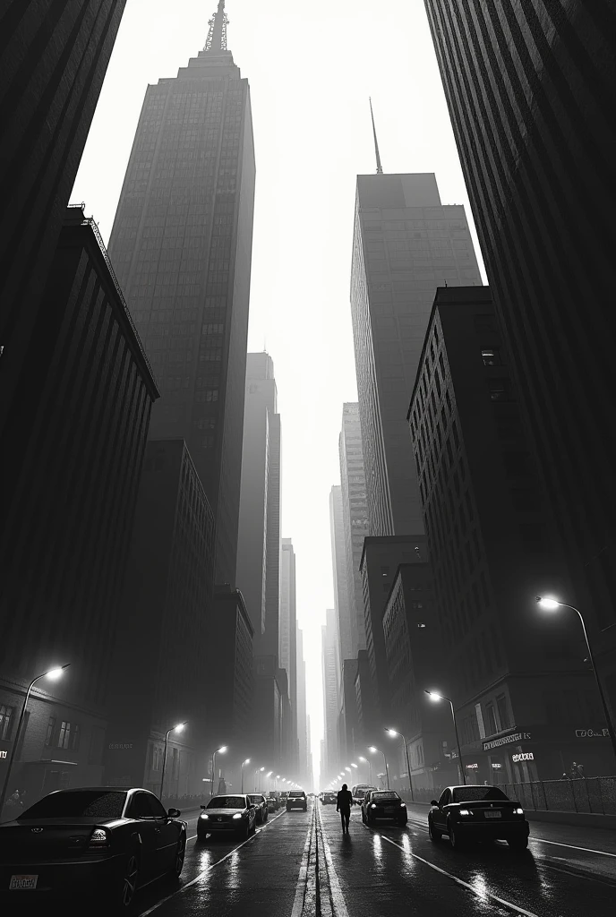 A city which have some big buildings and a road in middli of the buldings and cars on the road and whole image looks like gangstars city and image is black & white and the image is dont look like cartoon or anime it look like real world