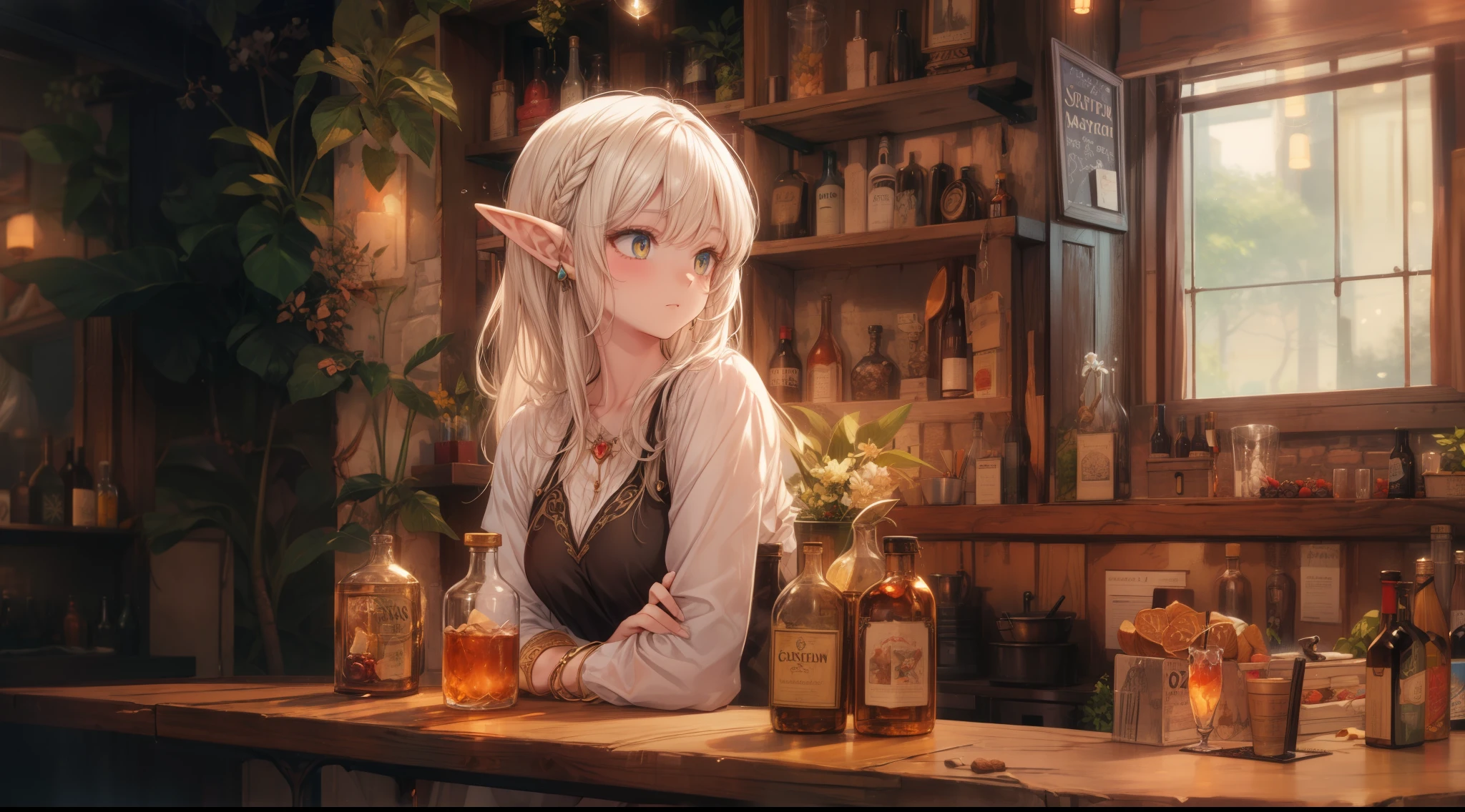 A cozy, stone-built elven bar with an elegant elf bartender preparing a drink for a customer, depicted in an anime style. The elf has delicate features, long flowing hair, and pointed ears. The bar is warmly lit by candlelight, with vintage bottles and glasses lining the wooden counter. The atmosphere is serene and inviting, perfect for a calm evening. The anime style adds a touch of fantasy and whimsy, capturing the magical and mystical nature of the elven world.
