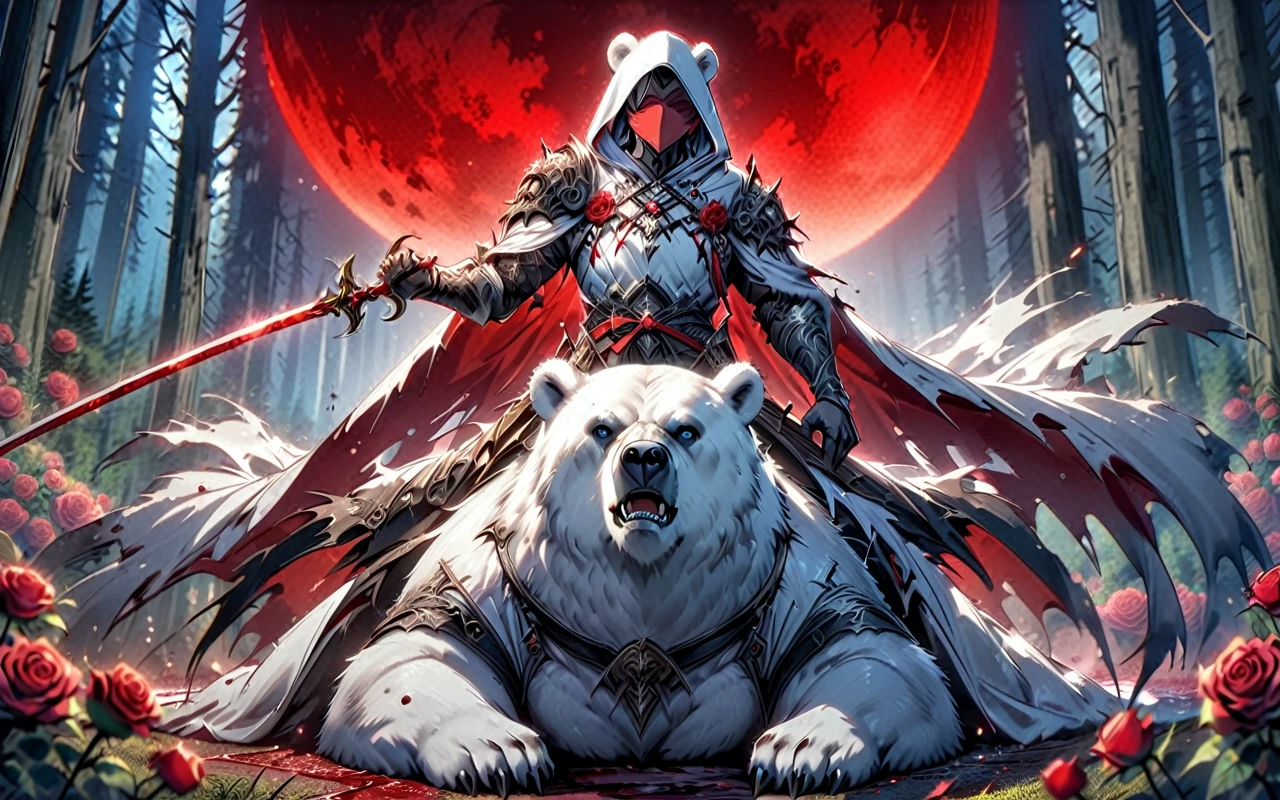 One man with a white hood with bear ears and a katana sits riding a big polar bear in a forest while the blood moon shines, many Roses cover the ground and lightning falls from the sky. The man wears a red blindfold.