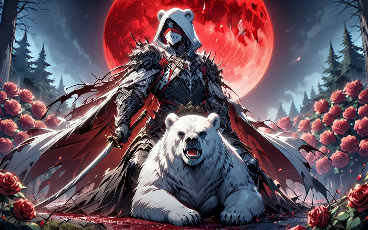 One man with a white hood with bear ears and a katana sits riding a big polar bear in a forest while the blood moon shines, many Roses cover the ground and lightning falls from the sky. The man wears a red blindfold.