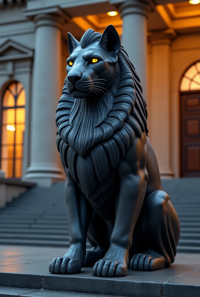 "A wise sphinx in HD Quality and ultra-realistic detail, perched on the steps of a city museum. Its timeless wisdom attracts modern visitors, with its eyes glowing in the neon lights."
