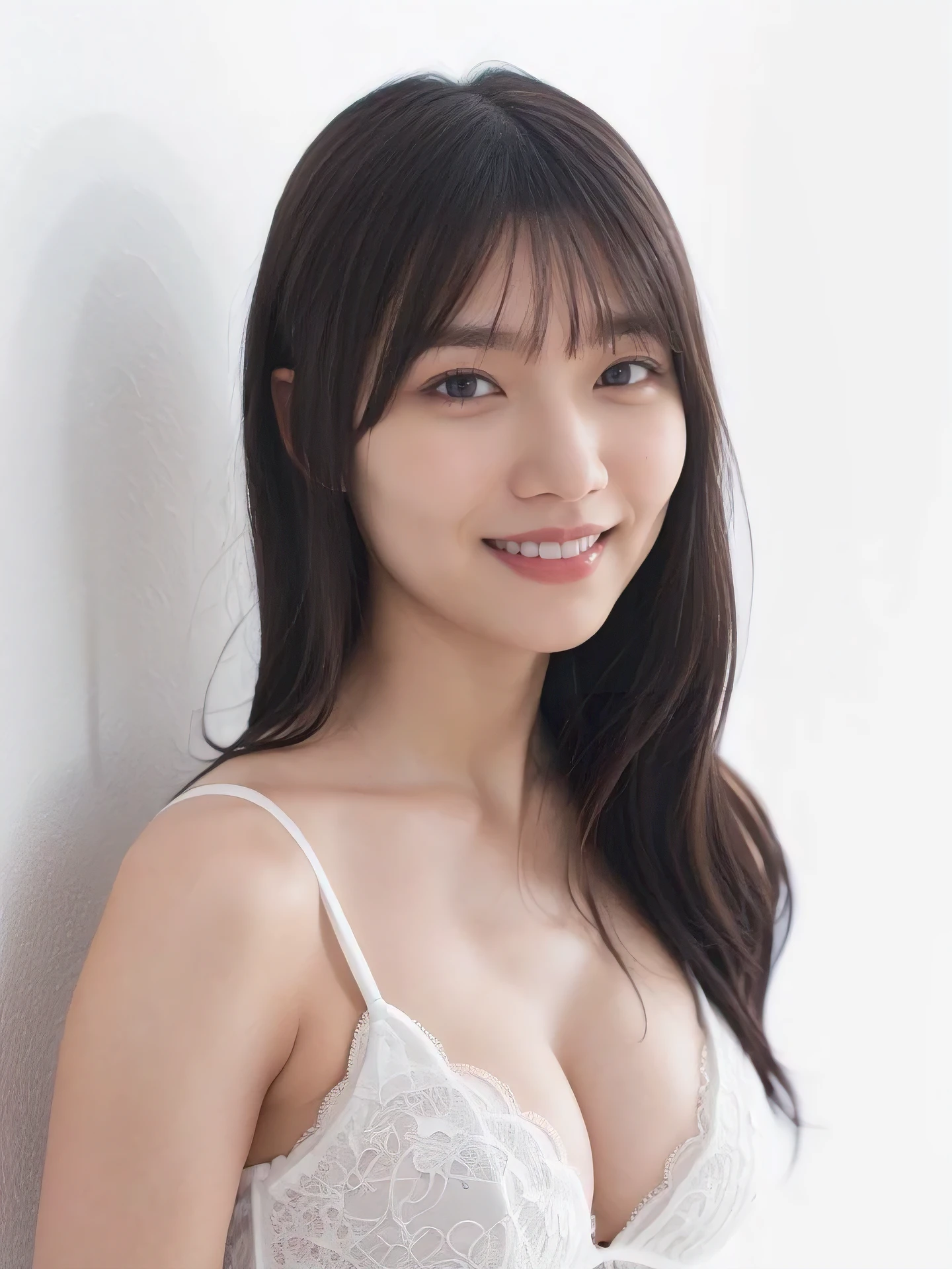 1girl, 25years old woman, cute face, Small breasts, medium breasts, large breasts, beautiful face, (perfectly detailed face), ((looking at viewer)), Simple Background, ((white background)), ((white wallpaper)), White skin, (bright lighting:1.2), perfect lighting, light smile, photorealistic, (bokeh), UHD, anatomically correct, highres