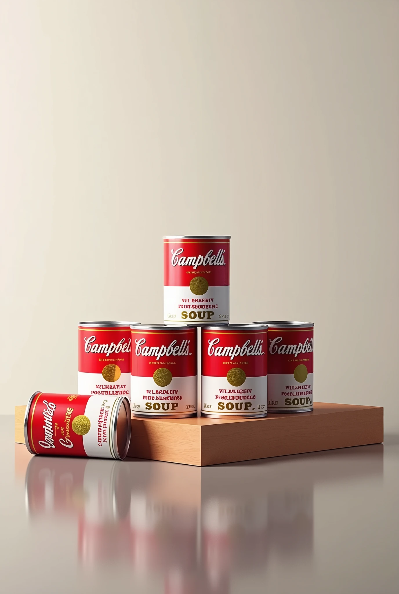 10 cans of Campbell's soup on a desk