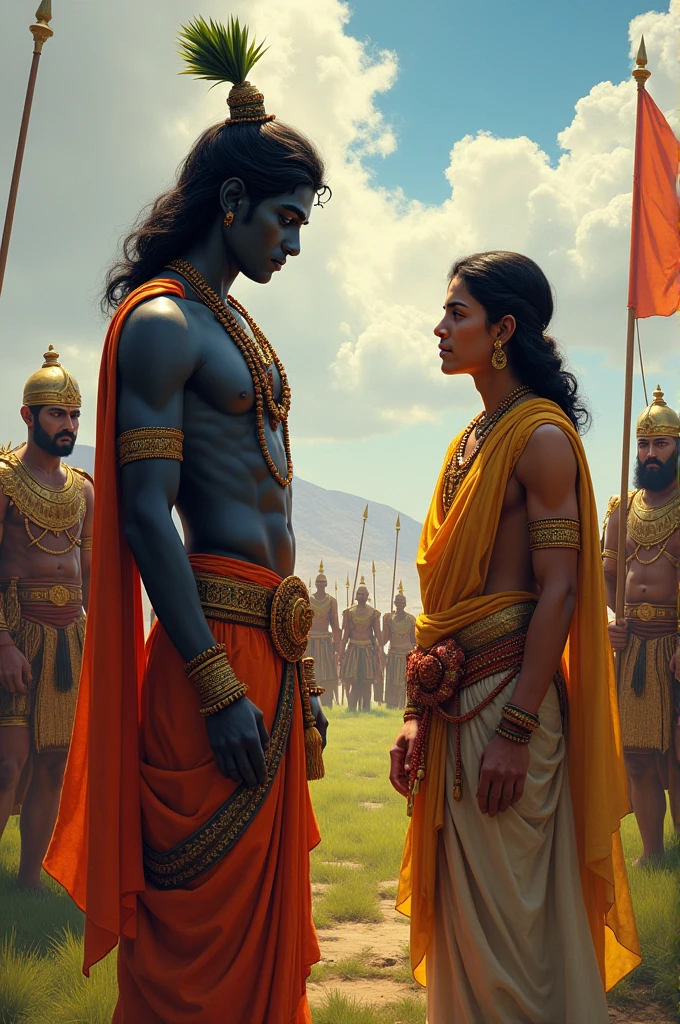 Loard explaining bhagavad gita to arjuna at battle place on horse cart