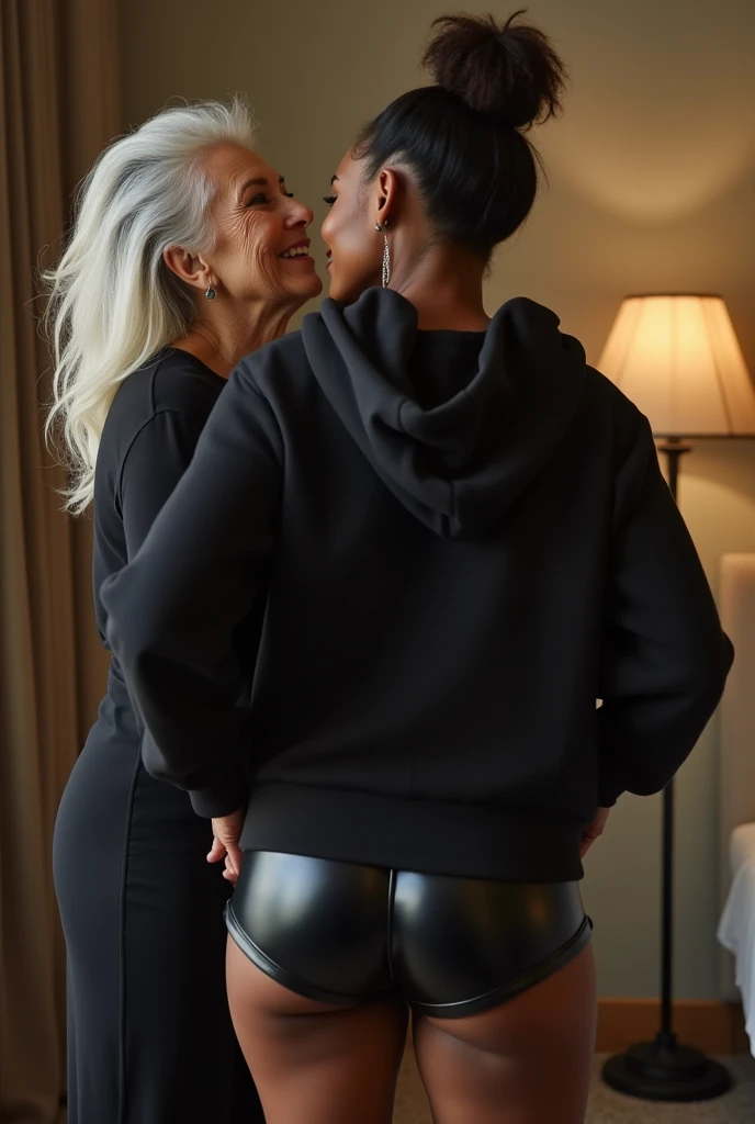 black woman hair in a bun black hoodie black leather short shorts being fucked in the ass by a old grandma in a dress