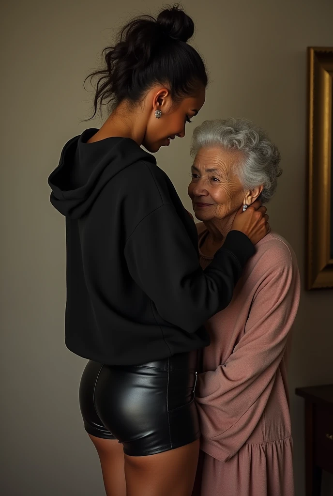 black woman hair in a bun black hoodie black leather short shorts being fucked in the ass by a old grandma in a dress