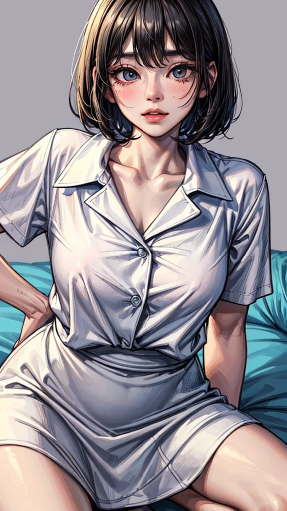 (Best quality, 8k, 32K, Masterpiece, uhd,:1.2), Japanese woman, ultra-detailed face, detailed eyes, highly detailed lips ,BLACK hair, slender figure, 、Room Background、Simple Background、short hair、Anatomically correct、barefoot、Wall Background, Bob Hair、Natural Feet、White skin、fold your hands behind your back、put your hands behind your back、flat Design、Thick Coating、Big eyes、Blushing, Kind Face、White shirt、Navy Skirt