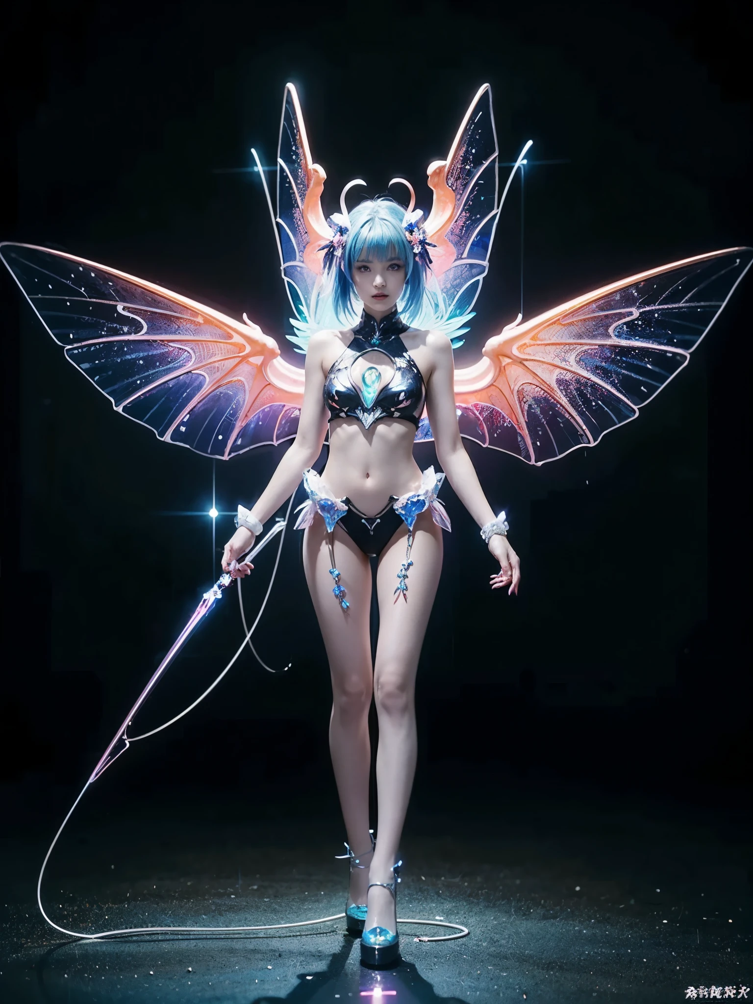 1girl, Armor, Wings, beautiful dragon, futuristic evolved Nekomata, (Neon glowing body), 2 tails, holographic, (The wings are symmetrically paired;1.5), Tricolor color body