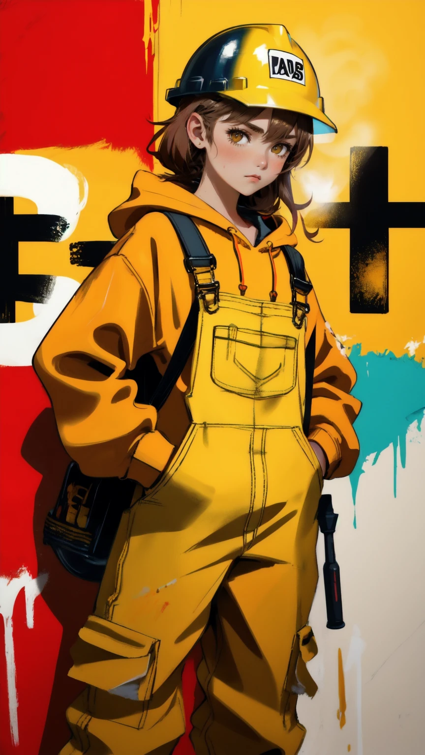 Illustration of a beautiful, cute girl in construction attire, holding a spray can, with a rugged and determined expression. The girl is wearing a yellow hard hat labeled 'FUD Buster' and a red hoodie, with yellow overalls splattered with paint. The background is a bold, flat brown color, maintaining the gritty, street-art style of the original image.