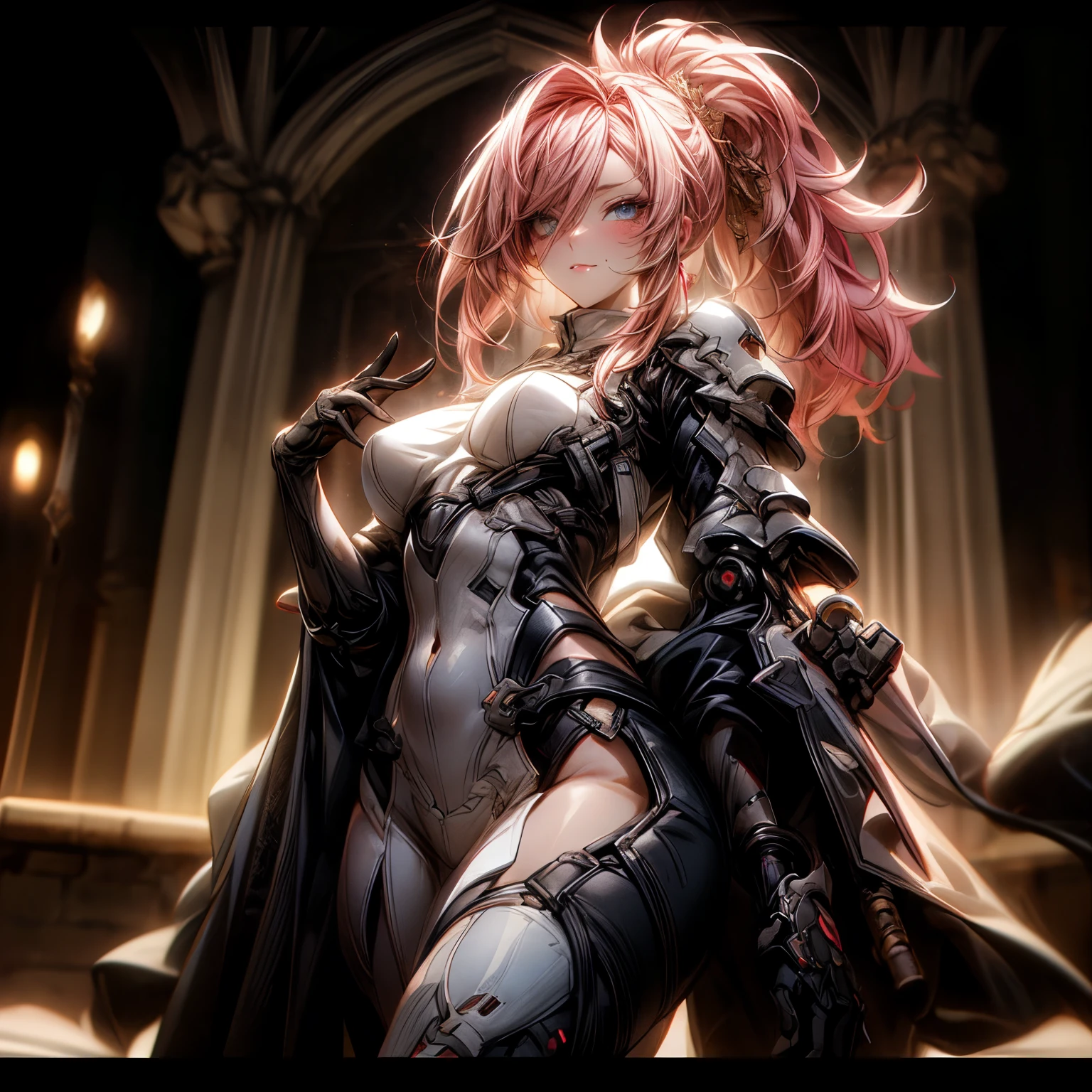 (best quality)), ((Masterpiece)), (details:1.4), 3d, HDR (high dynamic range), an image of a beautiful cyberpunk female, fantasy, Cyberpunk, Medieval, pink hair, Highi ponytail, Hips up, Beautiful white eyes, จมูกโด่ง, ปากแดง, หน้าอกใหญ่, nvidia RTX, PBR surface, After processing, Anisotropic filtration,depth of field, Maximum clarity and clarity, multi-layered surface, Subsurface scattering, perfect proportions, 8K raw files, ultra detailed, Perfect proportions, volumetric lighting, soft lighting, Holy Paladin, Light Armor, glossy skin, intricate silver embroidery, Castle background, jewely, ต่างหู, นิ้วมือสมบูรณ์,