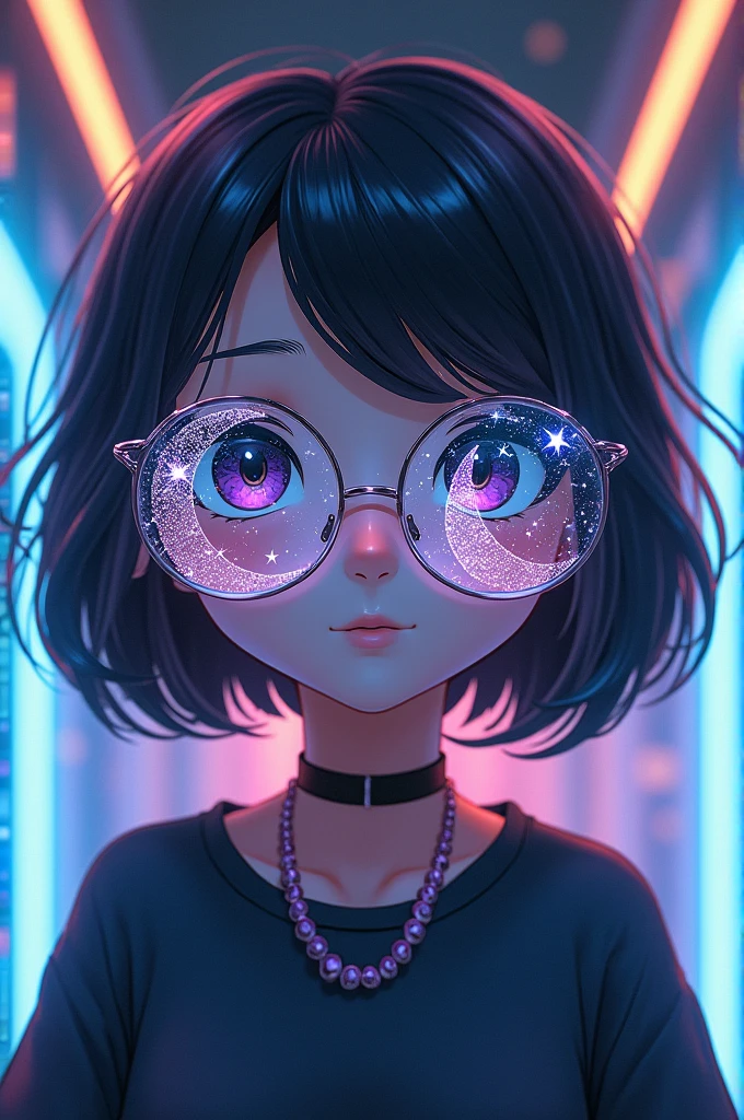 The model is wearing glass sunglasses with stars and the moon on the glassa anime