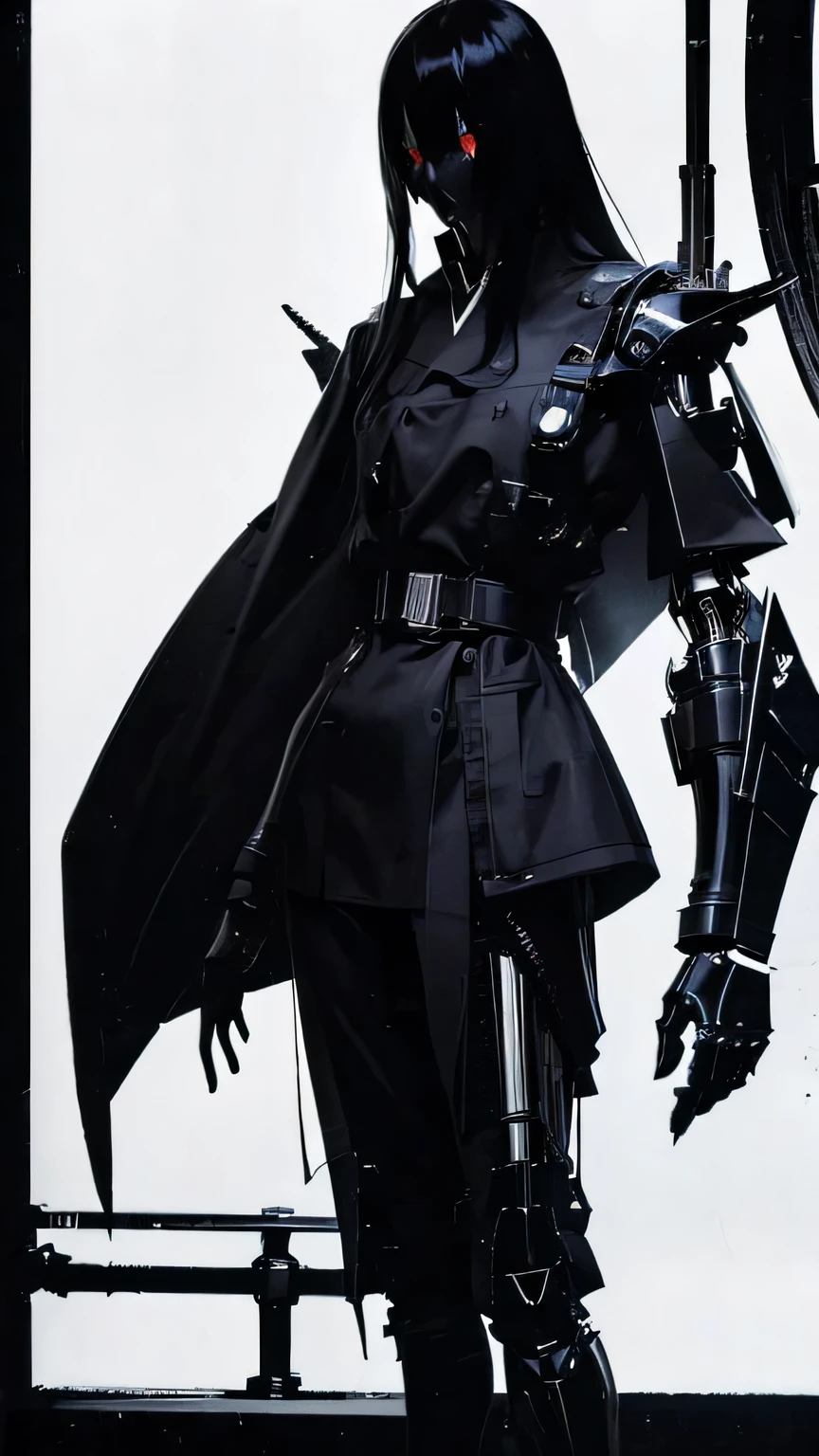 Black Hair、Cold look:1.5、Japanese woman in her 30s、Dark Background、One Cool Lady:1.5、night、whole photo、Dark Eyes、Black gloves、Ominous Machine Lifeform、Nihil、Half of his body is made of machinery、Mechanical Man:1.5、Modern clothing:、Creepy、Scary atmosphere