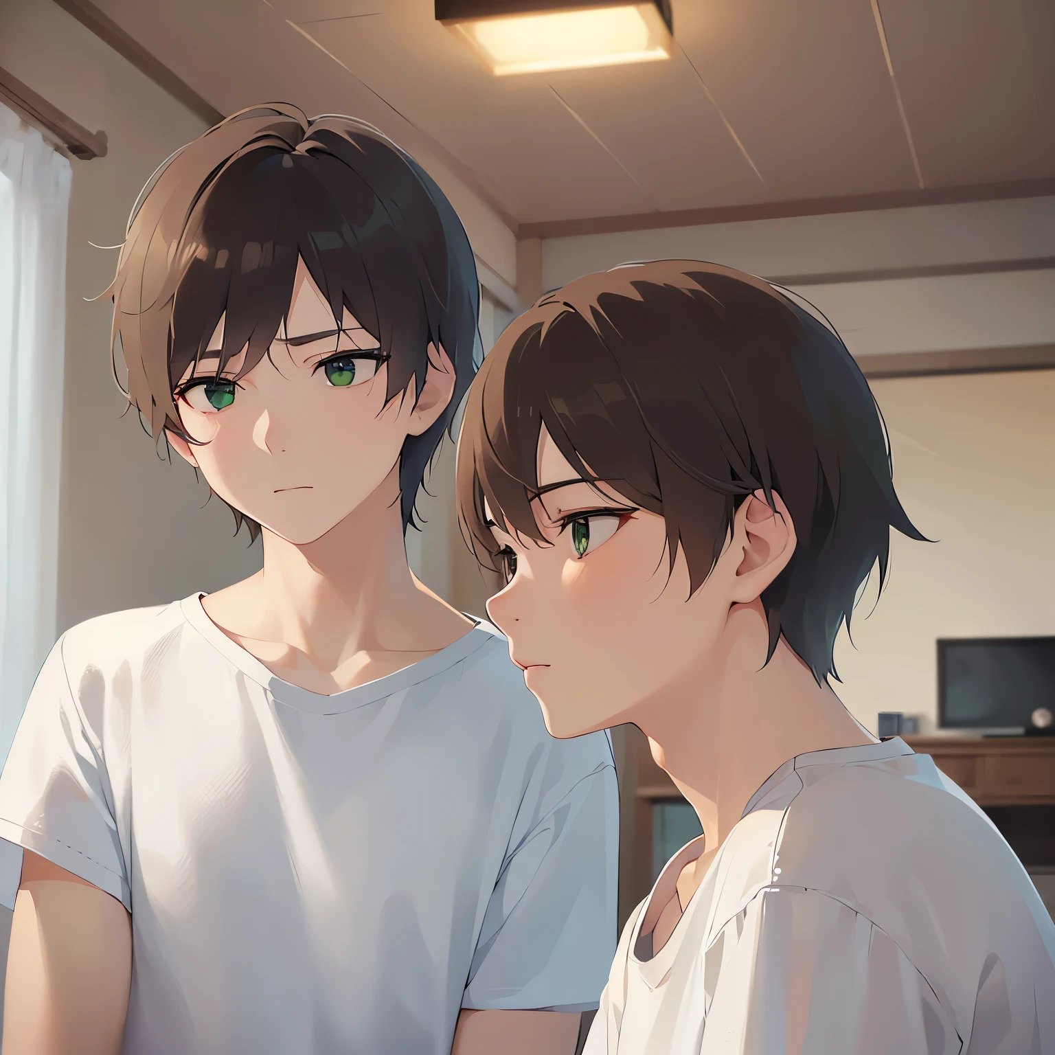 side angle, (looking away:1.5), upper body、masterpiece、Highest quality、(2 male:1.5) and (Brown short hair) and (Green Eyes), (White T-shirt)、confused、The background is the living room at night、alone、