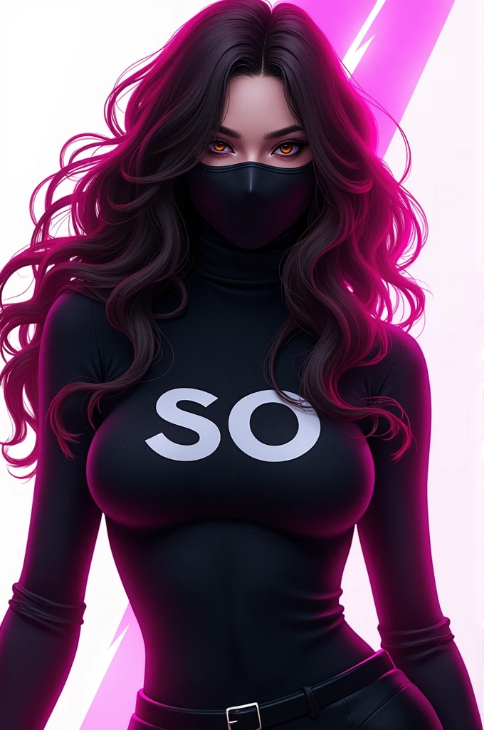Free fire game style female character, featuring. long curly hair. With a black mask and a black turtleneck with the words" So". With white background and pink lightning bolt