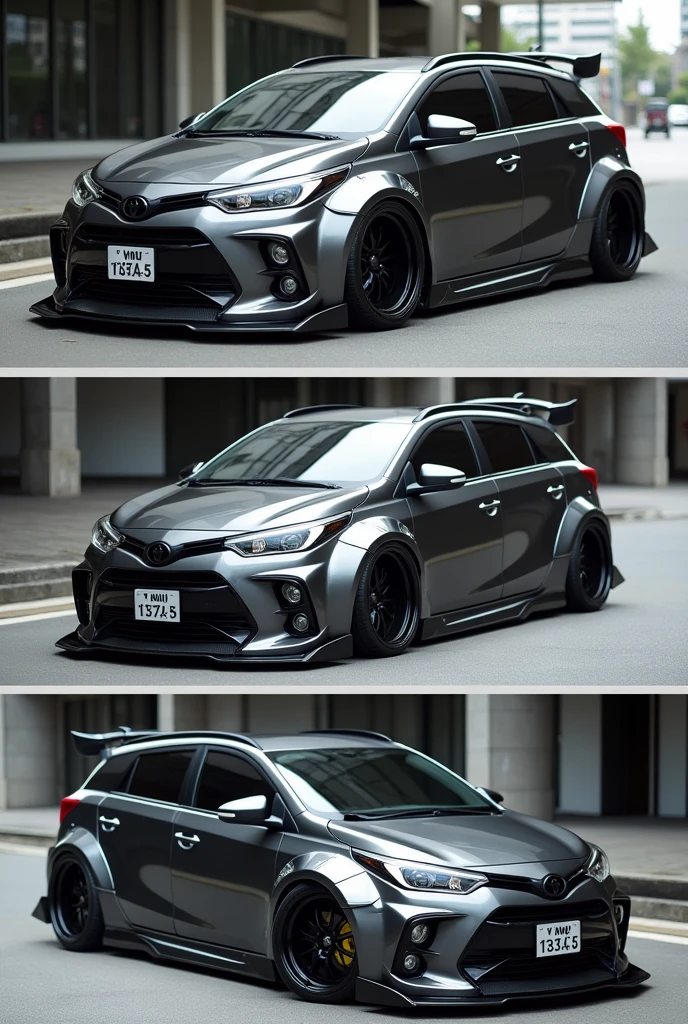 Create a modern widebody kit wagon car out of toyota vios gen 4 with license plate V mu 133 5 showing front side, back side and side view