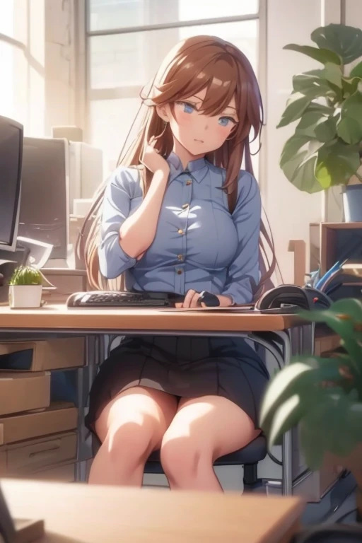 anime girl sitting at a desk with a computer and a plant, On a desk, Soft anime CG art, sitting at a desk, sat at her desk, Anime moe art style, sat in an office, Seductive anime girl, (sfw) safe to work, attractive anime girl, sitting at the desk, sit on a desk, sitting at a computer desk, spreading legs, (spreading legs: 1.2), showing penties