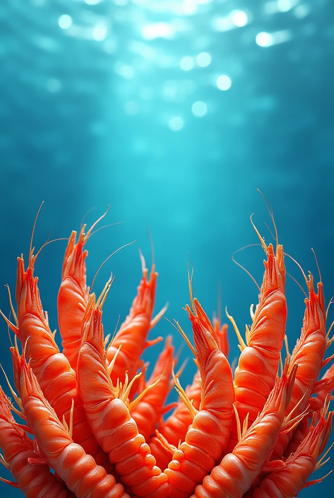 Create a horizontal banner image: 1920px and height: 1080px of dried shrimp in bright ocean blue.