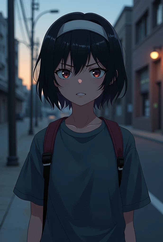 Anime girl with short black hair at the age of 18 wearing boy-like clothes stopped. On the sidewalk in the evening, she raises her bangs with a headband angrily and seriously.