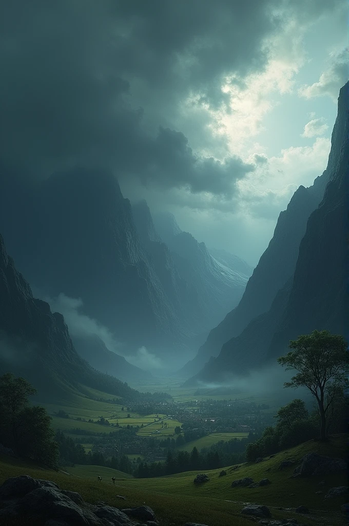 Approaching Storm: Dark, ominous clouds gathering over the mountains, casting shadows on the village, with winds starting to pick up, signaling the arrival of the storm.