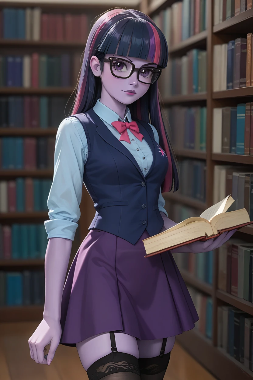 Twilight Sparkle from the movie "Mlp equestria girls",black fur, by the wide, seductive look, blue blouse , purple skirt, black thigh high stockings, garter belt in each stocking, looking at the viewer, in a library, holds books, black vest, purple skin, glasses.