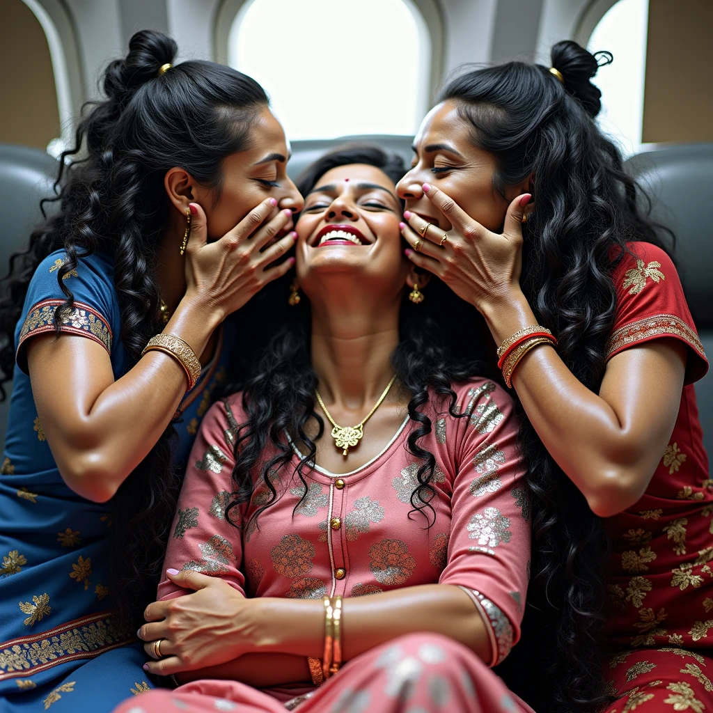 In a unique in-flight scene, three 70-year-old Indian women make a striking impression. They are dressed in distinctive uniforms: one in a white pilot's outfit, another in a red flight attendant uniform, and the third in a traditional blue saree. Each woman’s natural, tailbone-length curls are slicked through with a substantial amount of hair oil—about a liter per person—creating a glossy, reflective sheen. The oil-drenched hair cascades elegantly down their backs, allowing for a clear view of the meticulously styled partings and the smooth lines of their scalps. The glossy texture of the hair accentuates the clean, polished look of their elaborate hairstyles. In this serene moment, while all other passengers are sleeping, the three women are positioned one on top of the other, wildy sharing kisses in tongues out, This unusual and dramatic portrayal highlights the extreme use of hair oil, showcasing its impact on their opulent and meticulously crafted looks amidst the quiet of the cabin.