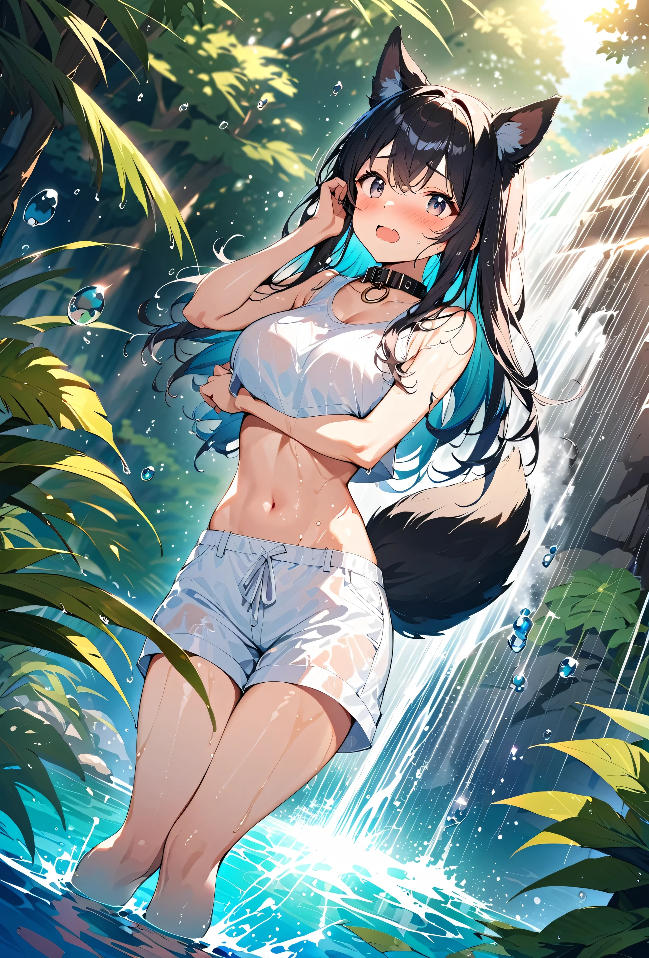 cute dog girl, nsfw, (((showering in a waterfall))), large breasts, (((big oversized white shorts))), (((loose white crop top))) ((shocked, surprised expression)), (((embarrassed))), (((blushing))), (hands covering eyes), (((grey eyes))), (((focal point))), ((close-up full body shot)), ((dynamic angle)), ((long hair)), (black hair, wet and shiny), (((dripping wet body))), (dog ears), (dog tail), (dog collar), ((detailed water droplets, sunlight filtering through trees)), ((dynamic and beautiful lighting)), BREAK, masterpiece, UHD, detailed and high quality, serene atmosphere, vibrant colors, flowing water, detailed background, joyful mood, intricate details, natural beauty, perfect hands